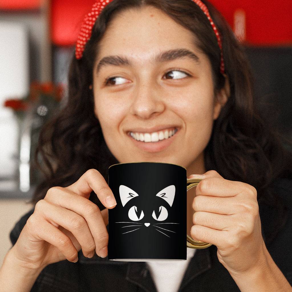 Cat Face Mug - Cat Gold Rim and Handle Mug - Cute Mug Drinkware Kitchen  