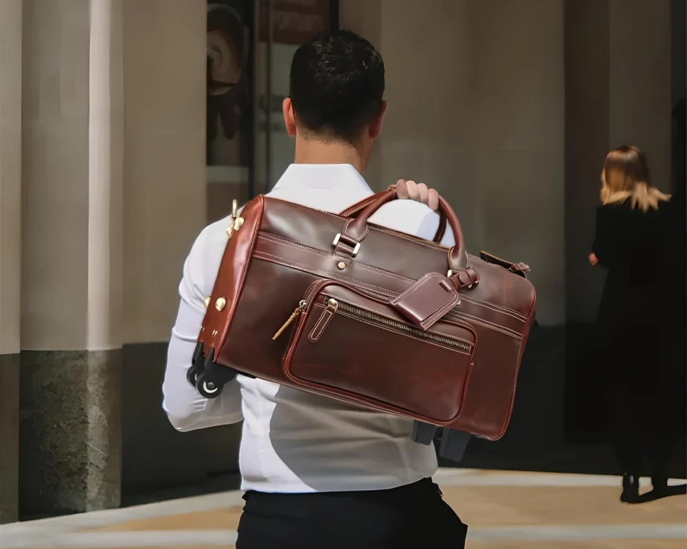 vintage cowhide leather trolley luggage 01